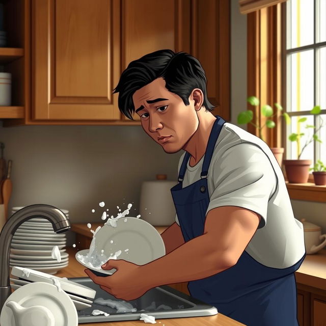 A man with a sad expression washing dishes in a cozy kitchen