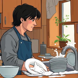 A man with a sad expression washing dishes in a cozy kitchen