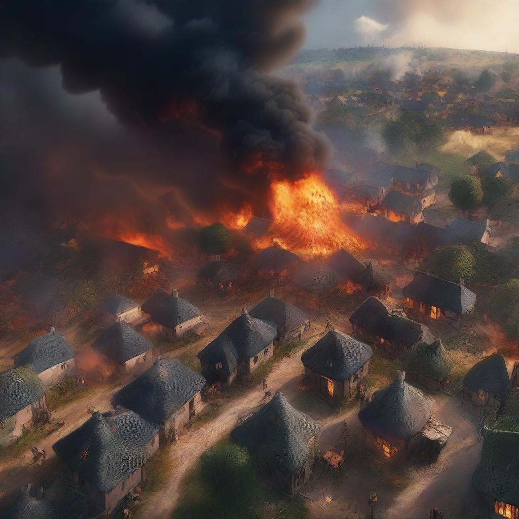 This high-quality digital art presents a bird's-eye view of a village being consumed by fire