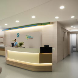 A spacious 15' x 35' hospital reception area with a tidy cash counter. The setting includes clean, clinical surroundings, placid colours, and soft lighting tout a warm and welcoming atmosphere.