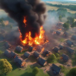 This high-quality digital art presents a bird's-eye view of a village being consumed by fire