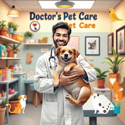 A welcoming cover photo for a Facebook page titled "Doctor's Pet Care" featuring a warm and inviting pet clinic environment