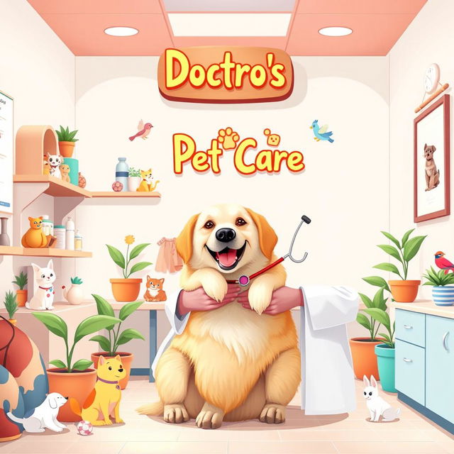 A welcoming cover photo for a Facebook page titled "Doctor's Pet Care" featuring a warm and inviting pet clinic environment