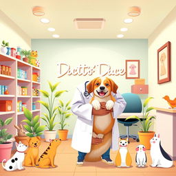 A welcoming cover photo for a Facebook page titled "Doctor's Pet Care" featuring a warm and inviting pet clinic environment