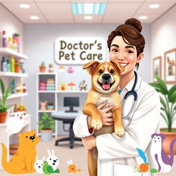 A welcoming cover photo for a Facebook page titled "Doctor's Pet Care" featuring a warm and inviting pet clinic environment
