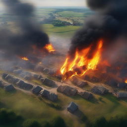 This high-quality digital art presents a bird's-eye view of a village being consumed by fire