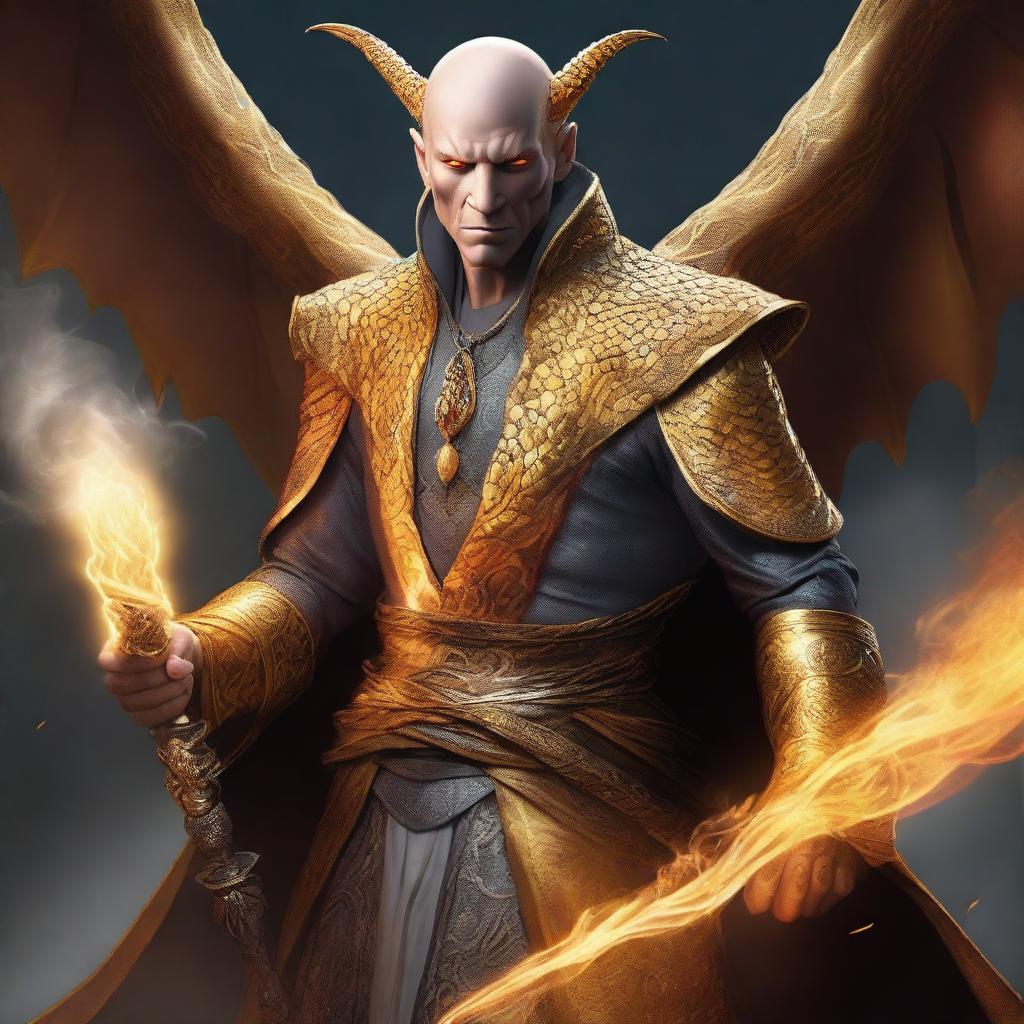 A high-definition digital art piece portrays a bald, wealthy mage with dragon magic and grey skin