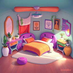 A 2D bedroom design for a one-on-one setting in the style of the game IncredyBox