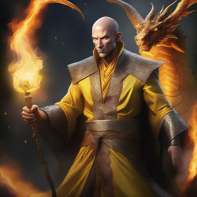 A high-definition digital art piece portrays a bald, wealthy mage with dragon magic and grey skin