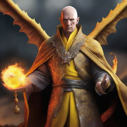 A high-definition digital art piece portrays a bald, wealthy mage with dragon magic and grey skin