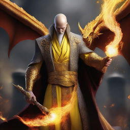 A high-definition digital art piece portrays a bald, wealthy mage with dragon magic and grey skin