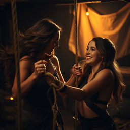 A medium shot capturing the moment Tyla successfully frees her friend from ropes in a tense but joyful scenario
