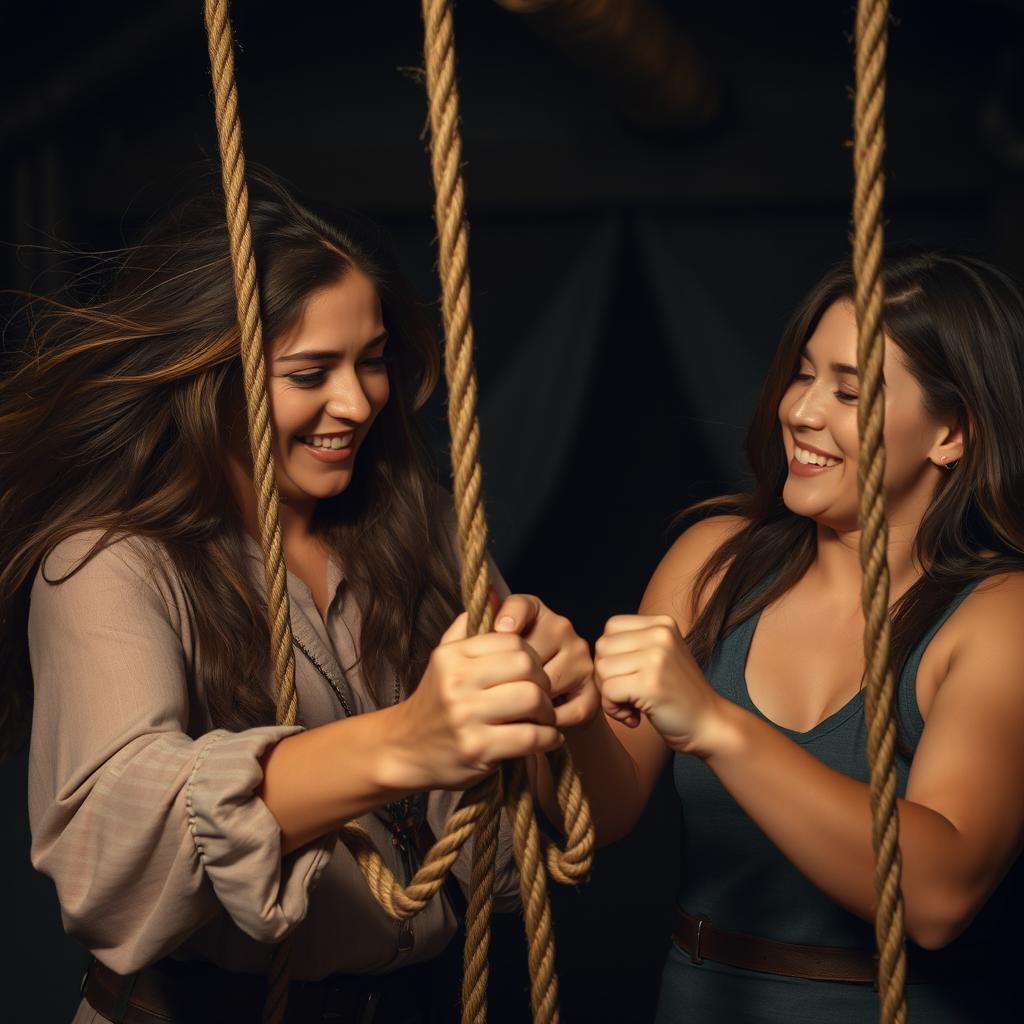 A medium shot capturing the moment Tyla successfully frees her friend from ropes in a tense but joyful scenario