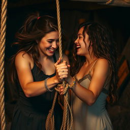 A medium shot capturing the moment Tyla successfully frees her friend from ropes in a tense but joyful scenario
