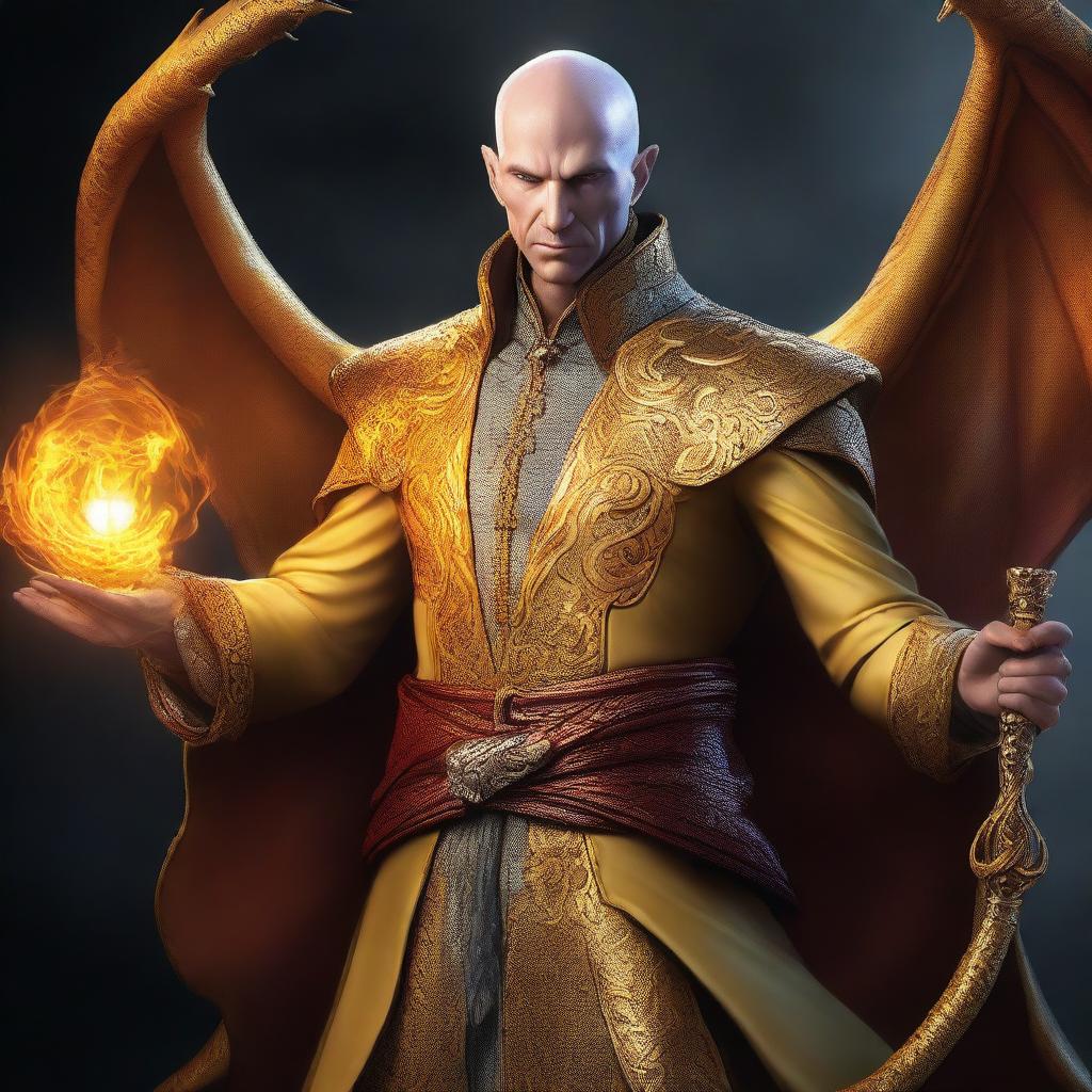 This high-resolution digital artwork features a bald, wealthy mage with dragon magic and grey skin