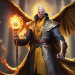 This high-resolution digital artwork features a bald, wealthy mage with dragon magic and grey skin