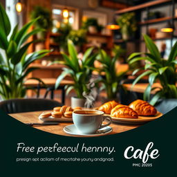 An eye-catching and vibrant advertisement for a trendy cafe, showcasing a cozy atmosphere with modern decor