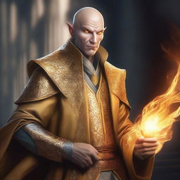 This high-resolution digital artwork features a bald, wealthy mage with dragon magic and grey skin