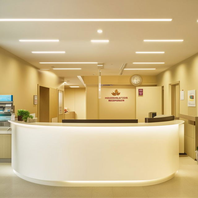 A spacious 15' x 35' hospital reception area with a tidy cash counter. The setting includes clean, clinical surroundings, placid colours, and soft lighting tout a warm and welcoming atmosphere.