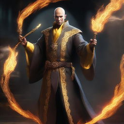 A high-resolution digital art piece depicts a bald, wealthy mage with dragon magic, grey skin, and yellow dragon eyes