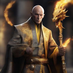 A high-resolution digital art piece depicts a bald, wealthy mage with dragon magic, grey skin, and yellow dragon eyes