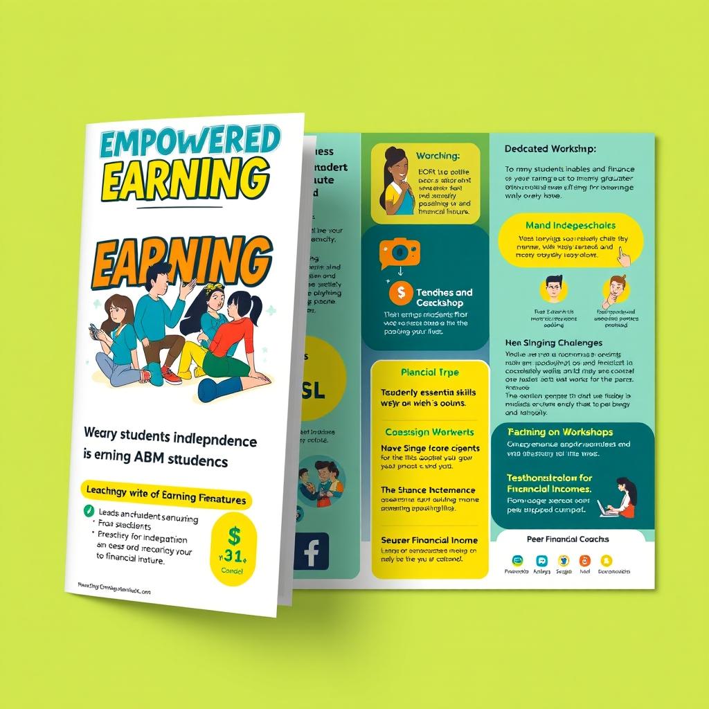 A vibrant brochure design titled 'Empowered Earning' aimed at supporting financial independence among ABM (Accountancy, Business, and Management) students