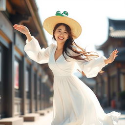A beautiful Korean woman wearing a long white dress and a crocodile-shaped hat, flying in the air and facing the camera with a carefree laugh