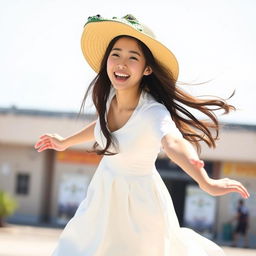 A beautiful Korean woman wearing a long white dress and a crocodile-shaped hat, flying in the air and facing the camera with a carefree laugh