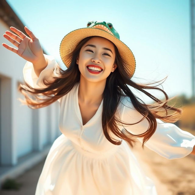 A beautiful Korean woman wearing a long white dress and a crocodile-shaped hat, flying in the air and facing the camera with a carefree laugh