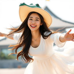 A beautiful Korean woman wearing a long white dress and a crocodile-shaped hat, flying in the air and facing the camera with a carefree laugh