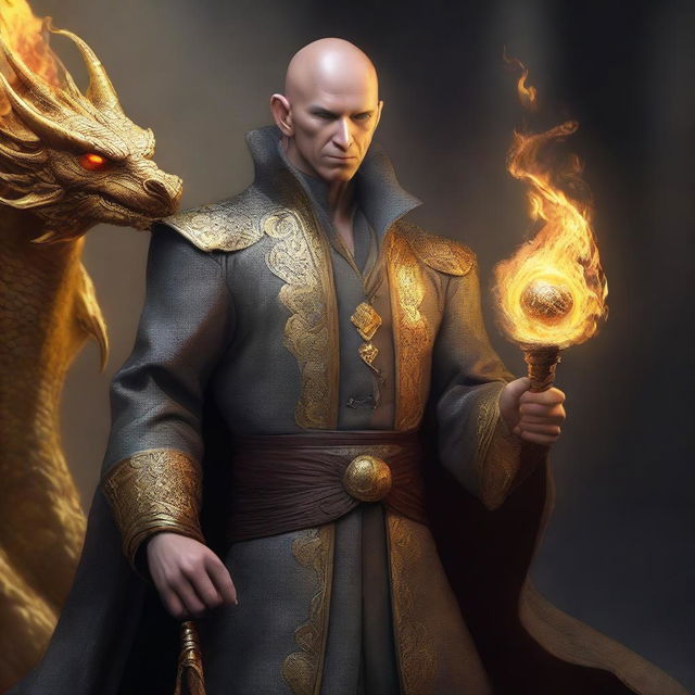 A high-resolution digital art piece depicts a bald, wealthy mage with dragon magic, grey skin, and yellow dragon eyes