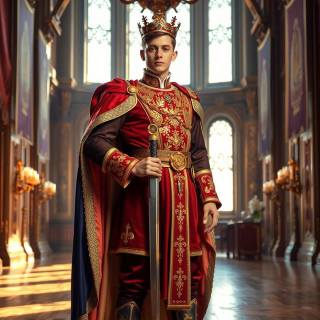 A young man transformed into a prince, wearing a luxurious royal outfit adorned with rich fabrics and intricate gold embroideries