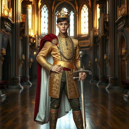 A young man transformed into a prince, wearing a luxurious royal outfit adorned with rich fabrics and intricate gold embroideries
