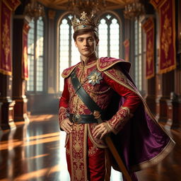 A young man transformed into a prince, wearing a luxurious royal outfit adorned with rich fabrics and intricate gold embroideries