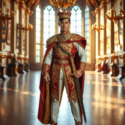 A young man transformed into a prince, wearing a luxurious royal outfit adorned with rich fabrics and intricate gold embroideries