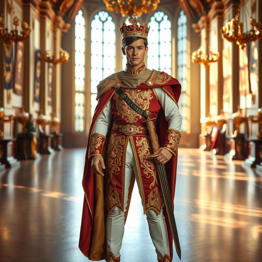 A young man transformed into a prince, wearing a luxurious royal outfit adorned with rich fabrics and intricate gold embroideries