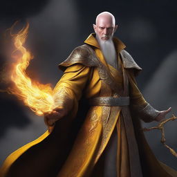 A high-resolution digital art piece depicts a bald, wealthy mage with dragon magic, grey skin, and yellow dragon eyes