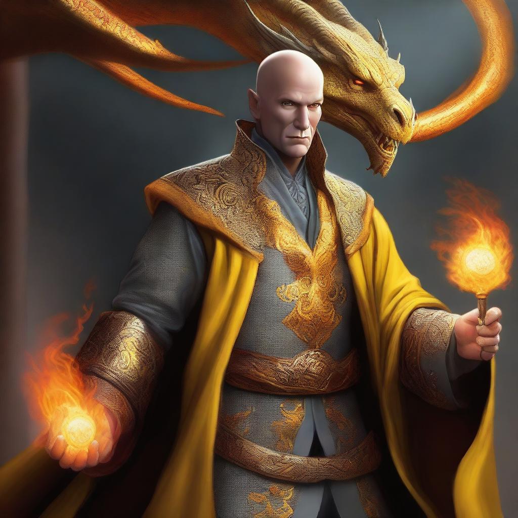 This high-quality digital art piece portrays a bald, wealthy mage with dragon magic and grey skin