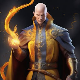 This high-quality digital art piece portrays a bald, wealthy mage with dragon magic and grey skin