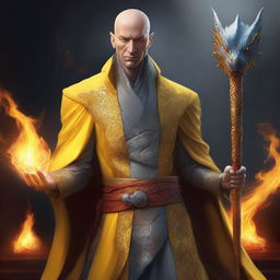 This high-quality digital art piece portrays a bald, wealthy mage with dragon magic and grey skin