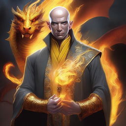 This high-quality digital art piece portrays a bald, wealthy mage with dragon magic and grey skin