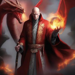 A high-quality digital art image depicts a bald, wealthy mage with dragon magic and grey skin