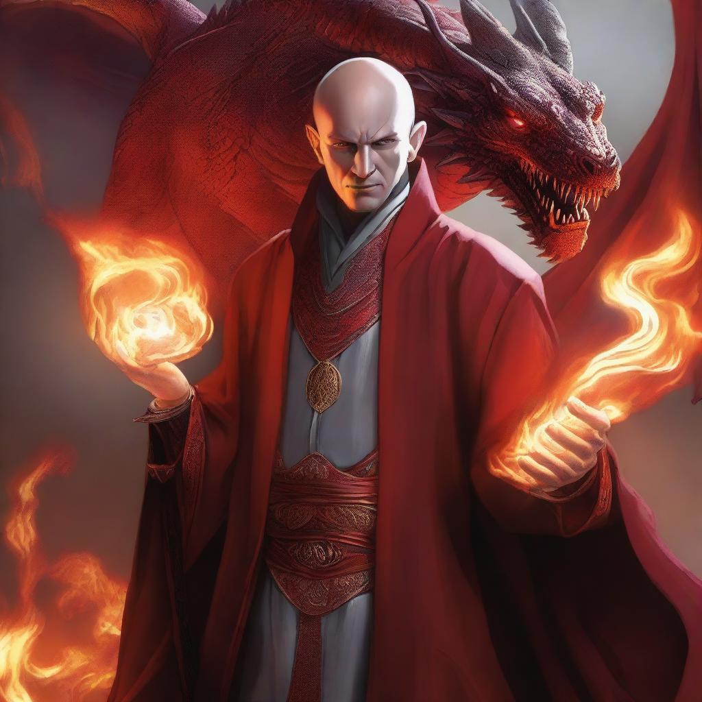 A high-quality digital art image depicts a bald, wealthy mage with dragon magic and grey skin