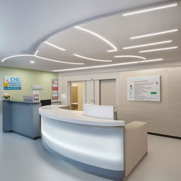 A spacious 15' x 35' hospital reception area with a tidy cash counter. The setting includes clean, clinical surroundings, placid colours, and soft lighting tout a warm and welcoming atmosphere.