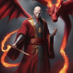 A high-quality digital art image depicts a bald, wealthy mage with dragon magic and grey skin