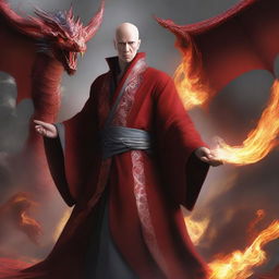 A high-quality digital art image depicts a bald, wealthy mage with dragon magic and grey skin