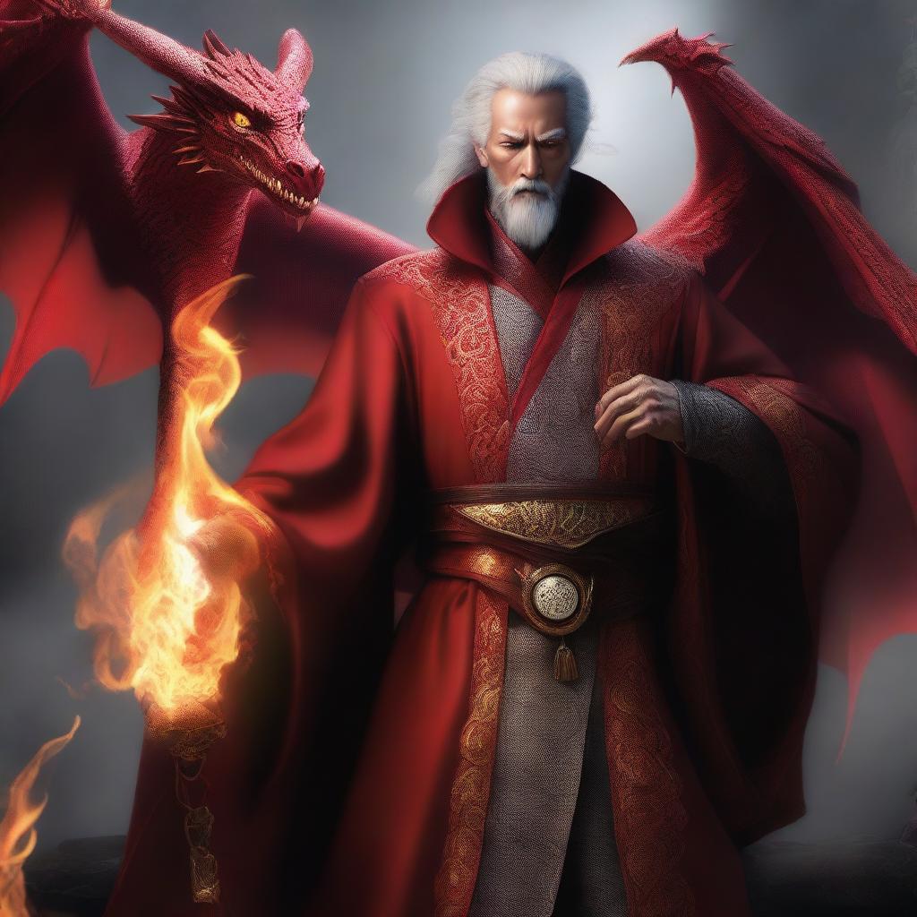 A high-quality digital art image depicts a wealthy mage with dragon magic and grey skin