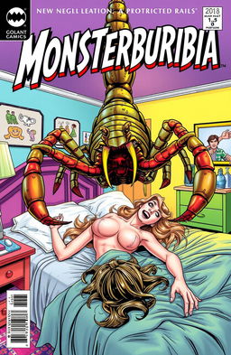 A comic book cover titled 'Monsterburbia', featuring a dramatic scene with a topless woman lying on a bed, expressing shock and fear as a giant scorpion looms over her