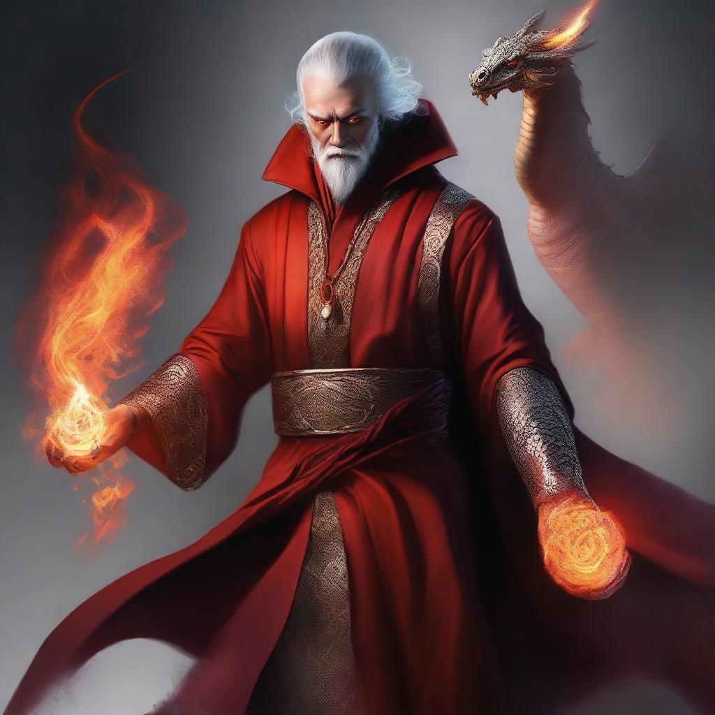 A high-quality digital art image depicts a wealthy mage with dragon magic and grey skin