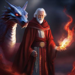 A high-quality digital art image depicts a wealthy mage with dragon magic and grey skin